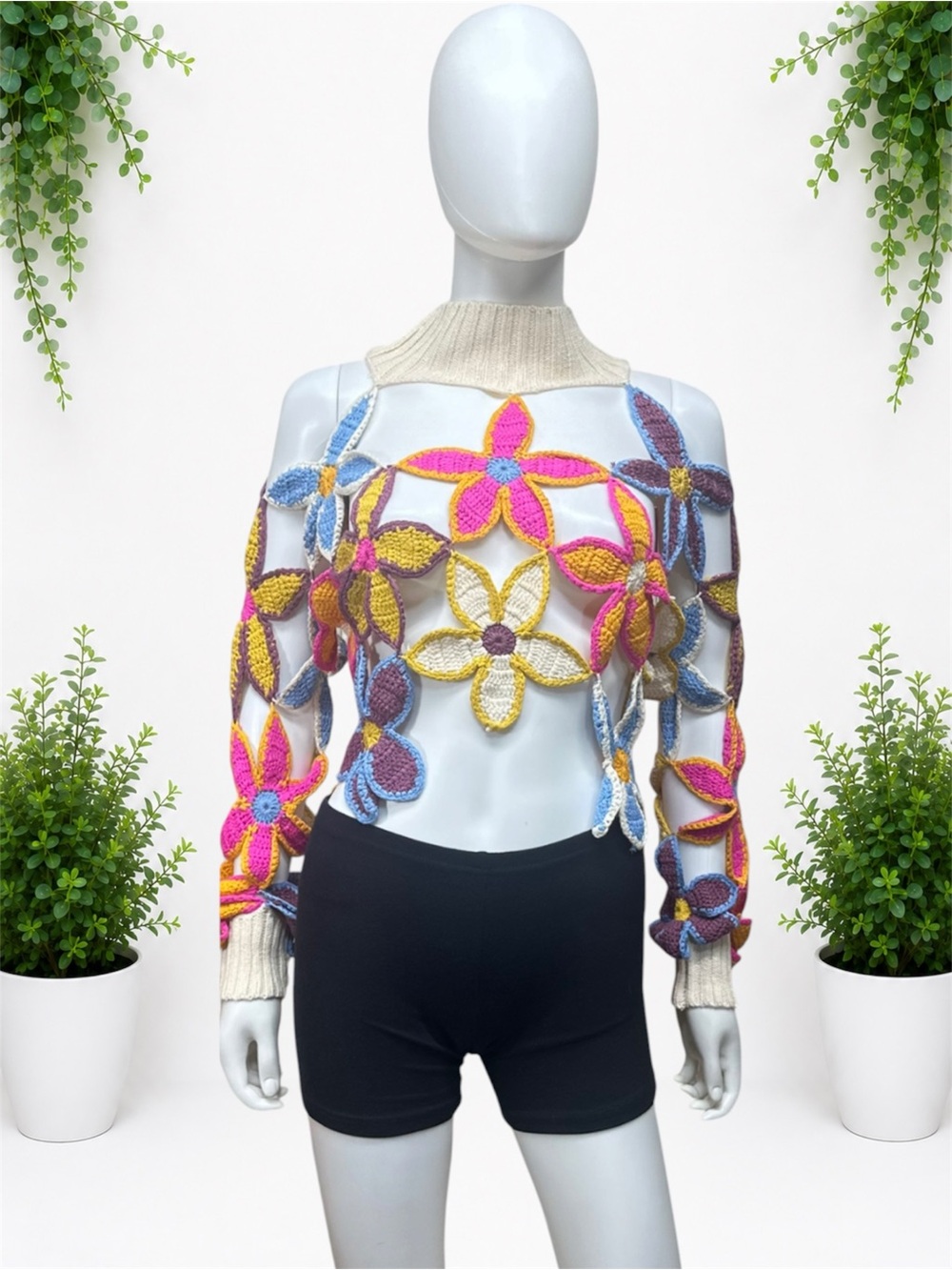 Boho Floral Open Knit Sweater ~ Size S ~ Item #G2